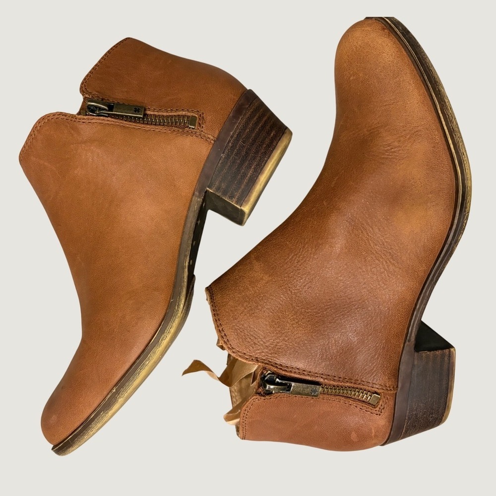 Lucky Brand Burklee Tan Leather Ankle Boots Dual Zip Stacked Heel Womens 7.5M